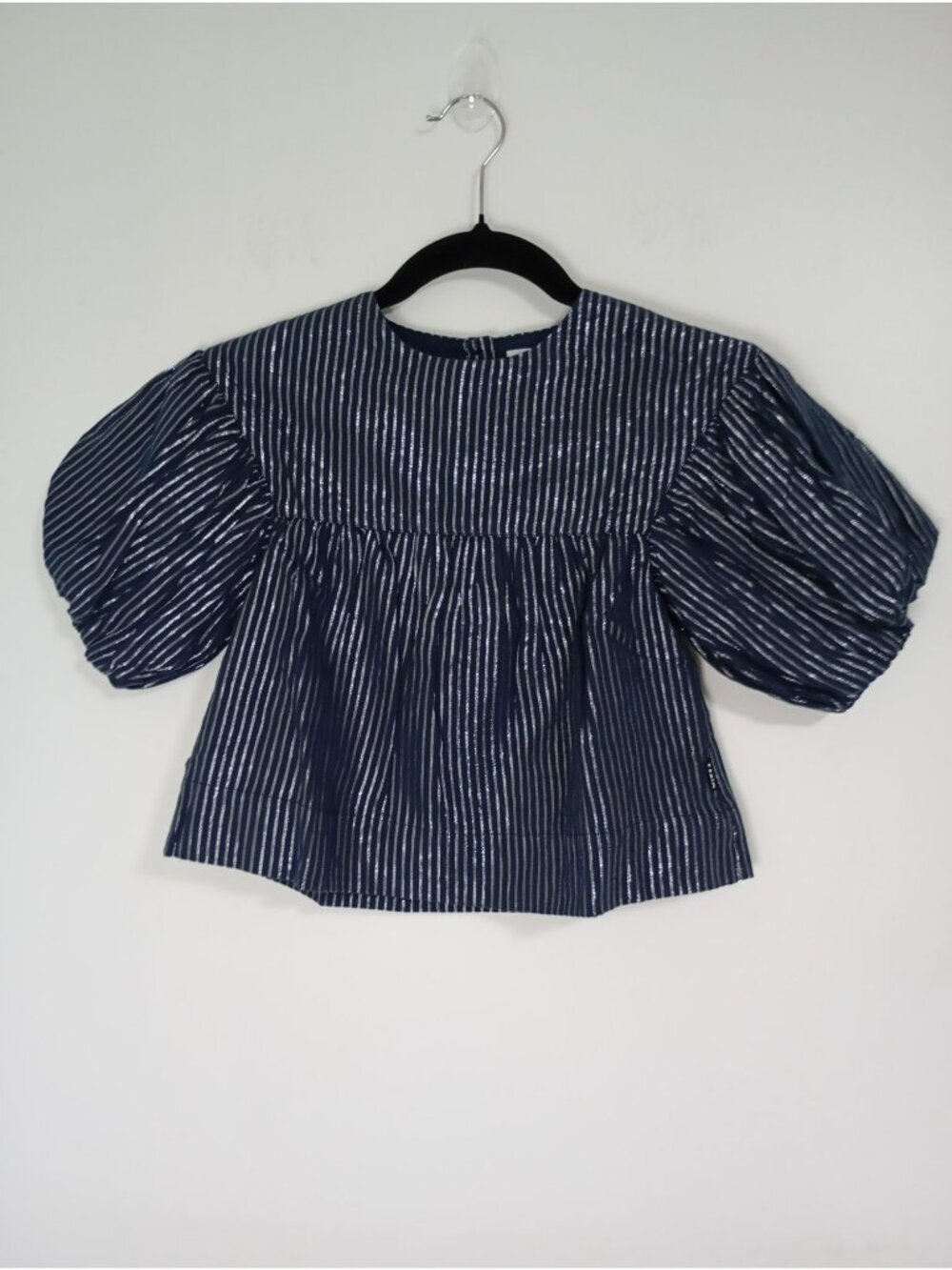 Molo Girls Blouse Striped Metallic Navy Blue Puff Sleeves & Back Button Closure
